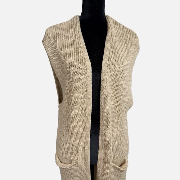 Anthropologie Akemi + Kin Long Kimono Vest OS Tan Cream Sleeveless Knit Cardigan - Picture 9 of 15